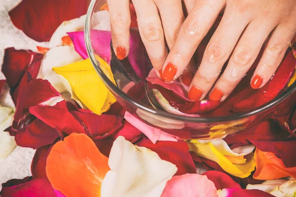 Manos de una mujer con manicura roja en las uñas — Foto de Stock