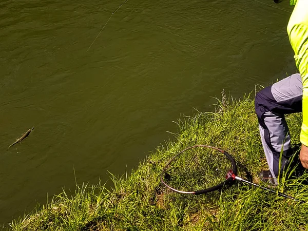 Pesca de spinning activa en el río — Foto de Stock