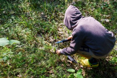 Çocuk ormanda mantar toplar