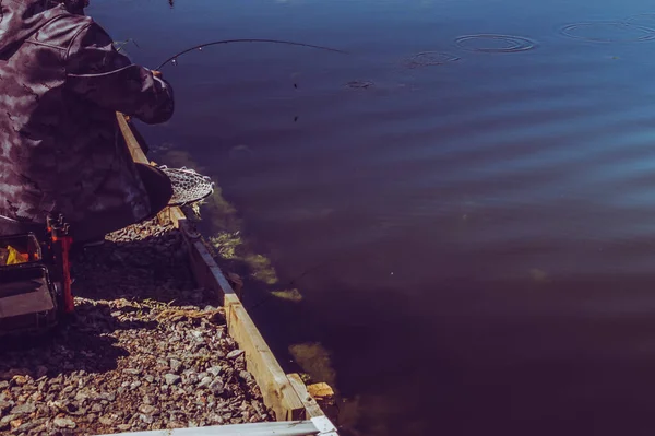 Pescador Captura Trucha Arco Iris Del Lago —  Fotos de Stock