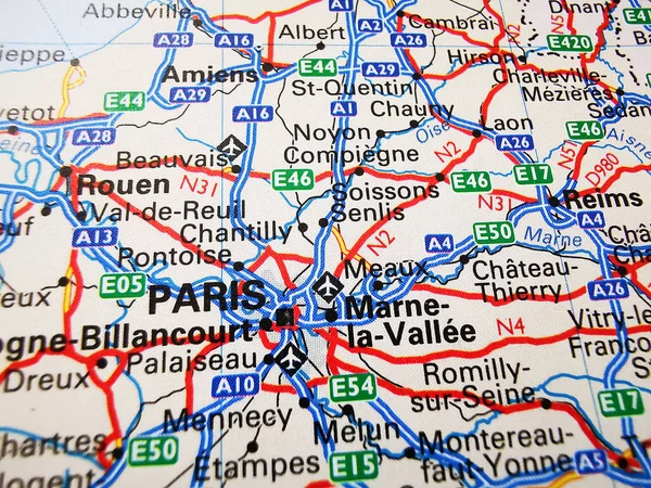 Paryż Mapie Drogowej Europy — Zdjęcie stockowe