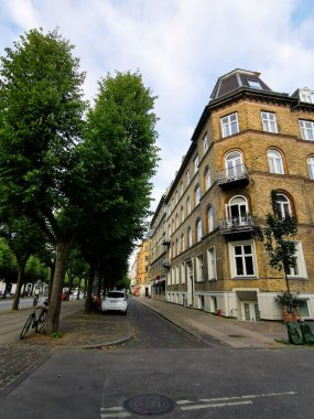 Kopenhag, Danimarka - 29 Temmuz 2019. Kopenhag yazı. Güzel mimari seyahat geçmişi.