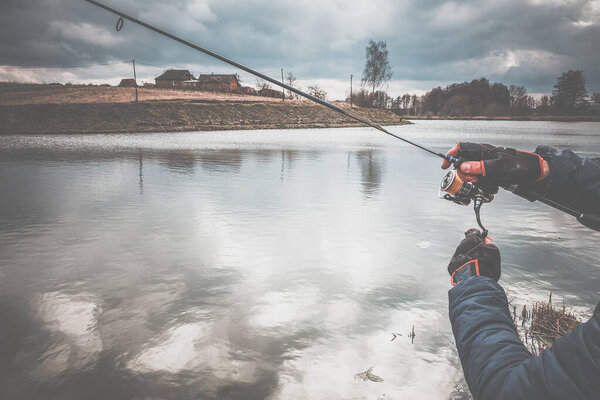 Fishing outdoor recreation on lake background
