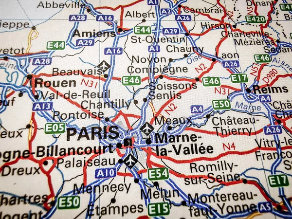 Paris on a road map of Europe