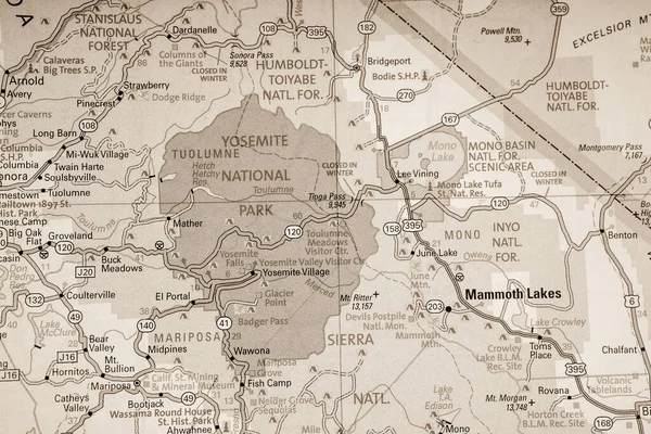 ヨセミテ国立公園アメリカ地図 旅行の背景 — ストック写真