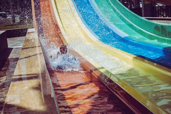 Boy Rides Slide Water Park — Stock Photo, Image