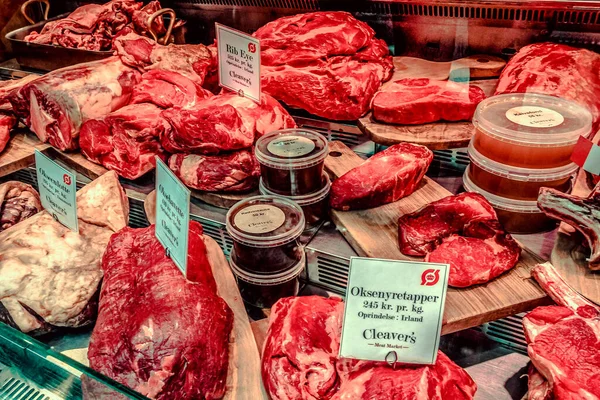 Vers Vlees Van Verschillende Soorten Toonbank — Stockfoto