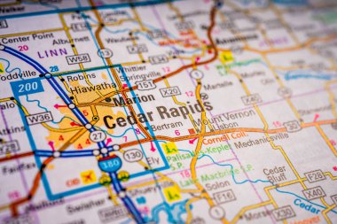 Cedar Rapids on USA travel map background clipart