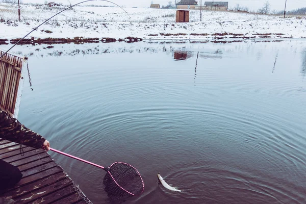 Pike Halászat Tavon — Stock Fotó