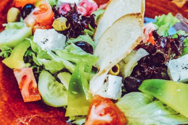 Sebze salatası tabağın arkasında.