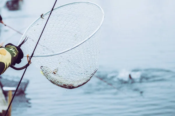 การตกปลาเทราท บนทะเลสาบ — ภาพถ่ายสต็อก