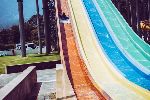 Boy Rides Slide Water Park — Stock Photo, Image