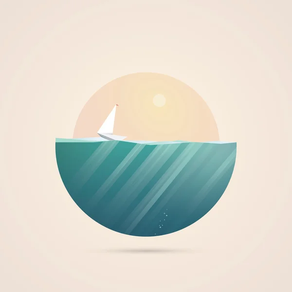 Zomer vakantie concept illustratie met zeezicht in een exotische locatie. Zeilboot of zeiljacht als symbool van reizen en avontuur. Veelhoekige stijl. — Stockvector