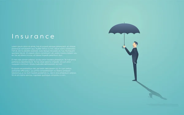 Conceito de seguro de negócios com símbolo vetorial de empresário e guarda-chuva. Espaço dos elementos infográficos para texto . — Vetor de Stock