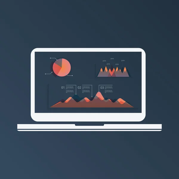 Nagy adat számítógép analízis infographcis mintadeszka-val ábra és kördiagram-ra laptop képernyő. Korszerű technológia-prezentáció. — Stock Vector