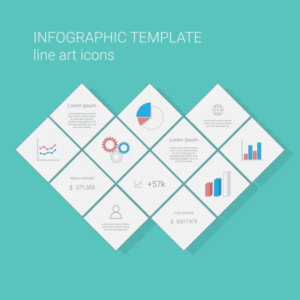 Geschäftsinformationsgrafik-Vorlage mit Liniensymbolen für Grafiken und Tortendiagramme. Projektmanagement-Präsentation. — Stockvektor