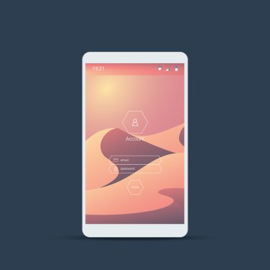 Mobil kullanıcı arabirimi giriş ekranı. Doğal çöl kumulları manzara vektör arka plan ile hesap ve şifre için akıllı telefon simgeleri.