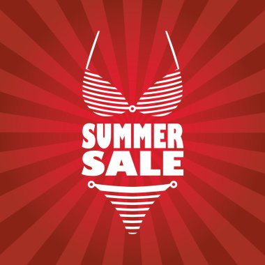 Seksi kadın bikini ve metin ile Yaz satış afişi. Kırmızı ışınları promosyon, reklam için arka plan el ilanı çizgili.