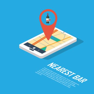 İçme sembolü ile modern düz tasarım akıllı telefon navigasyon, pub, kulüp, bar.