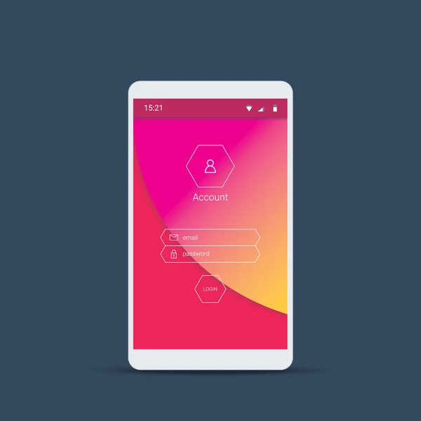 Inloggningsskärmen för mobil användargränssnitt. Smartphone ikoner för konto och lösenord med material design vektor bakgrund i rosa färg. — Stock vektor