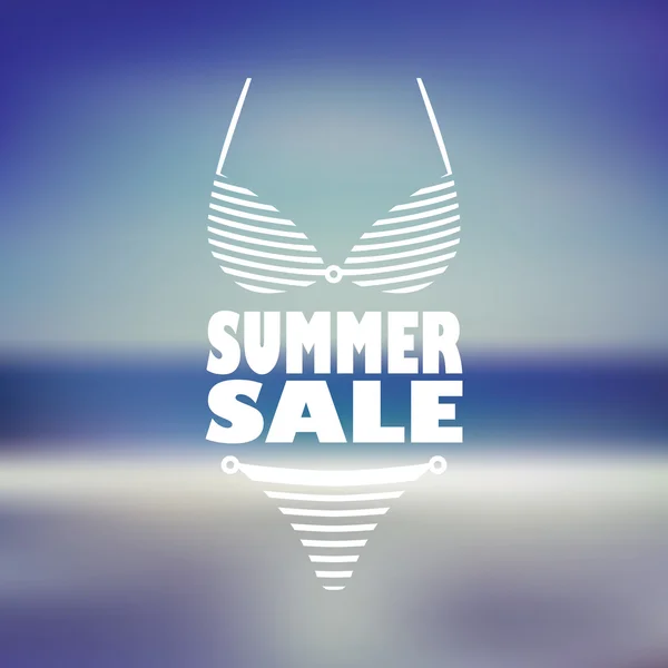 Cartaz de venda de verão com biquíni mulher sexy e texto. Praia desfocado folheto de fundo para promoção, publicidade . — Vetor de Stock