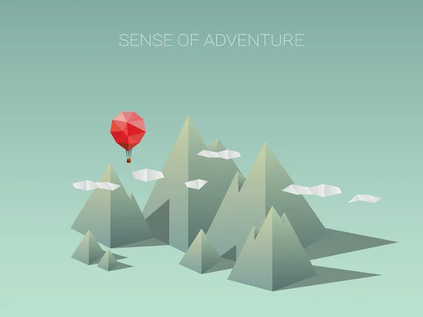 Månghörnigt bergsområde med röd ballong. Modern Low Poly designkoncept för resor och äventyr. — Stock vektor