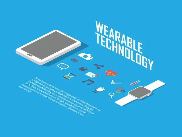 스마트 시계 컨셉 일러스트. 앱 인터페이스아이콘이 있는 웨어러블 기술로 스마트워치와 스마트폰. — 스톡 벡터