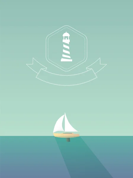 Yacht sailing in the sea. Traveling concept design with long shadow. Lighthouse hexagonal badge. — Stock Vector