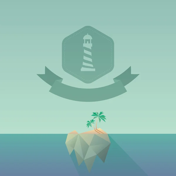 Île tropicale basse poly avec ombre longue. Design polygonal moderne, couleurs vintage et formes géométriques. Ruban de badge hexagonal . — Image vectorielle