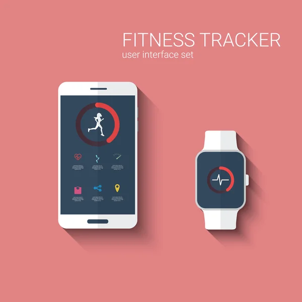 Fitness Tracker App grafiskt användargränssnitt för SmartWatch och smartphone. Kvinna som kör symbol med programikoner. — Stock vektor