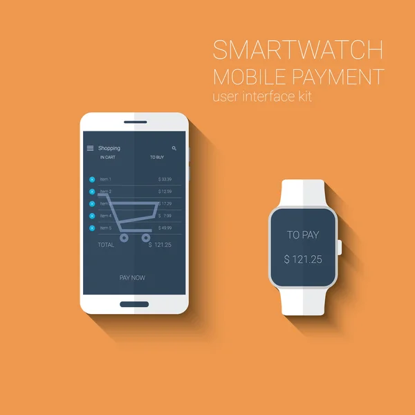 Interfaccia utente grafica dell'applicazione di pagamento mobile. Concetto tecnologico NFC per smartphone e smartwatch . — Vettoriale Stock