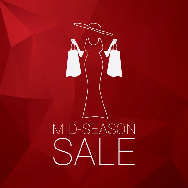Μέση σεζόν πώληση αφίσα σχέδιο με κομψή κυρία και σακούλες για ψώνια. Χαμηλό πολυγωνικό κόκκινο φόντο. — Διανυσματικό Αρχείο