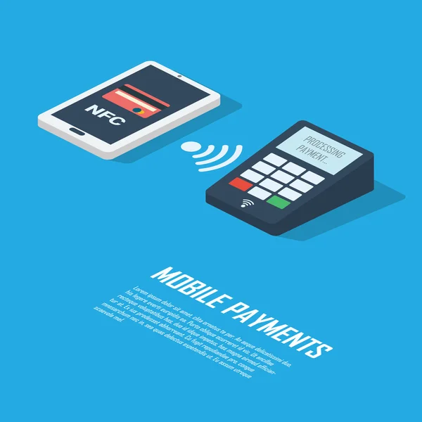 Concetto di pagamenti mobili infografica presentazione. Smartphone con tecnologia nfc che effettua transazioni senza contatto senza fili . — Vettoriale Stock