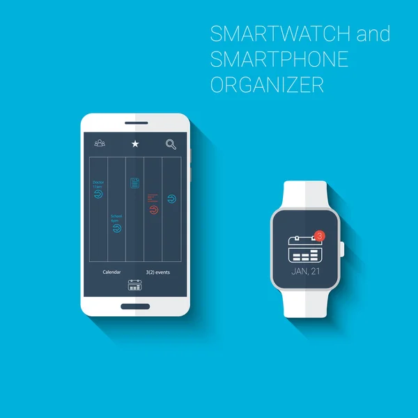 Smartphone y smartwatch organizador o reproductor de calendario kit de iconos de interfaz de usuario. Concepto de tecnología portátil en diseño plano moderno — Vector de stock