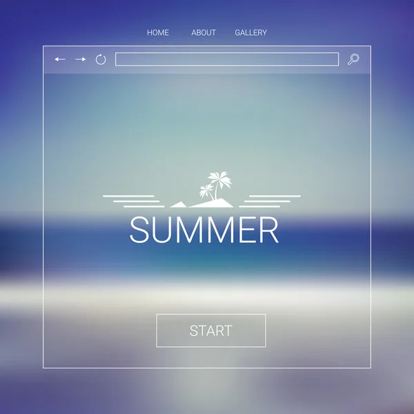 Single page website template with summer beach blurred background. Line icons and layout, hexagon vintage badge, ribbons in the centre. — Stock Vector