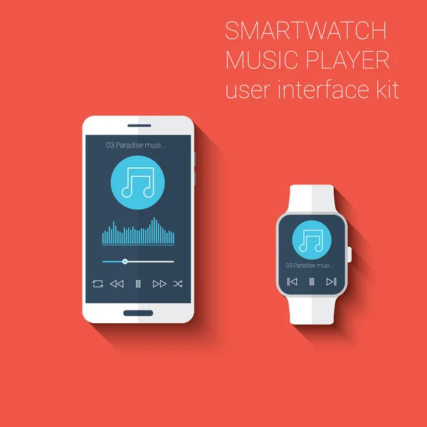 Smartphone och SmartWatch musikspelare användargränssnitt ikoner kit. Det bärbara teknik konceptet i modern platt design — Stock vektor
