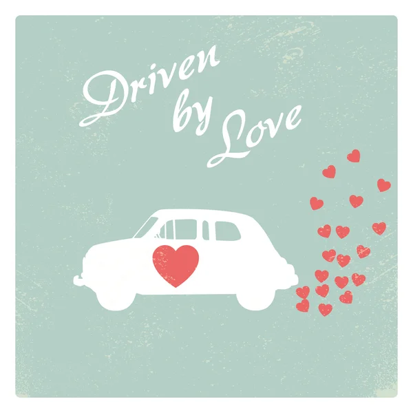Vintage car driven by love romantic postcard design for Valentine card. — Stock Vector