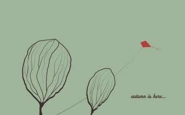 Rüzgarda ağaçlar ile Sonbahar arka plan. Melankolik duygu sembolü vektör duvar kağıdı. Uçurtma gökyüzünde uçan.