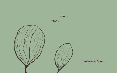 Rüzgar ağaçlarda sonbahar arka plan. Melankolik duygu simge vektör duvar kağıdı. Gökyüzünde uçan kuşlar.