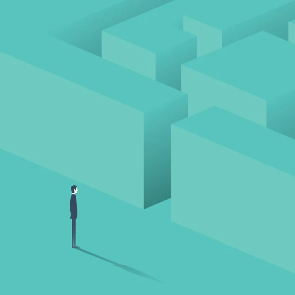 Homme d'affaires debout devant le labyrinthe. Stratégie de concept d'entreprise, recherche de solutions . — Image vectorielle