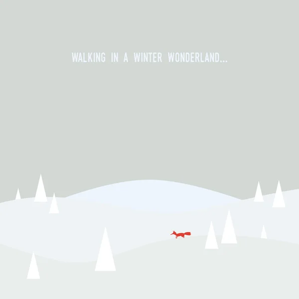 Winter wonderland concept vector illustration with nature snowy forest landscape and a fox. Christmas card template. — Stockový vektor