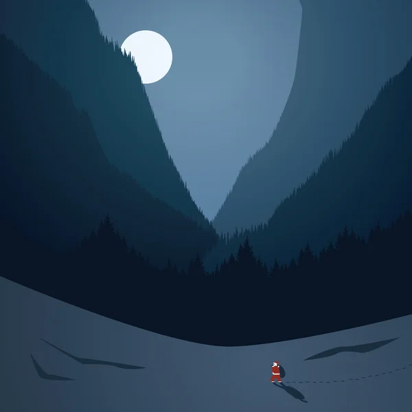 Santa Claus caminando en el valle montañoso de invierno por la noche. Tarjeta de Navidad vector plantilla . — Vector de stock