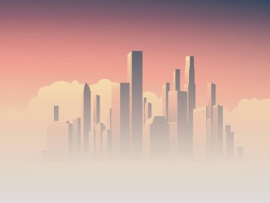Kurumsal manzarası ile yüksek doğmak gökdelenler sabah gündoğumu haze, pembe ve mor gökyüzü arka planda. İş cityscape vektör simge başarı.