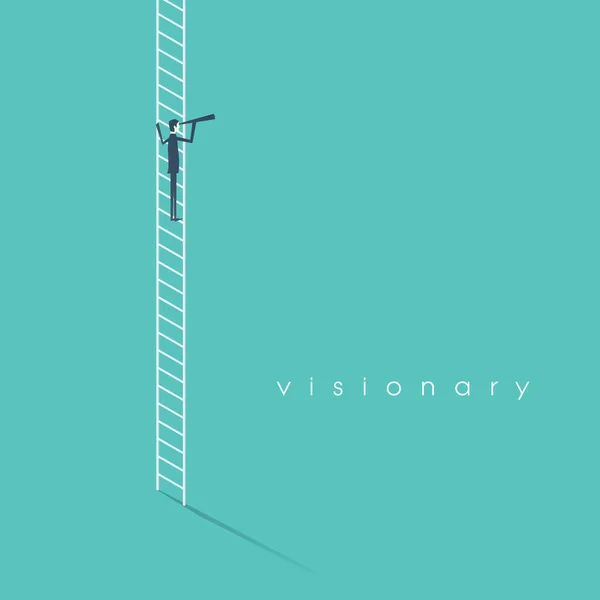 Vision affärsidé med affärsmannen vektor symbol stående på en stege som tittar genom lupp. Strategi och planering abstrakt. — Stock vektor