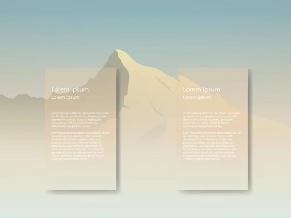 Gebirgslandschaft Vektorhintergrund mit hohem Gipfel im morgendlichen Sonnenaufgangsdunst. zwei überlagerte Textflächen für Präsentationen oder Infografiken. — Stockvektor