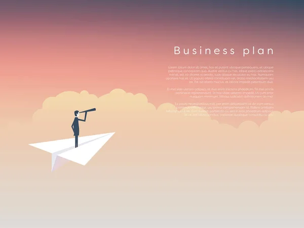 Geschäftsmann auf einem Papierflugzeug als Symbol für Unternehmensführung, Vision, Strategie, Plan. — Stockvektor