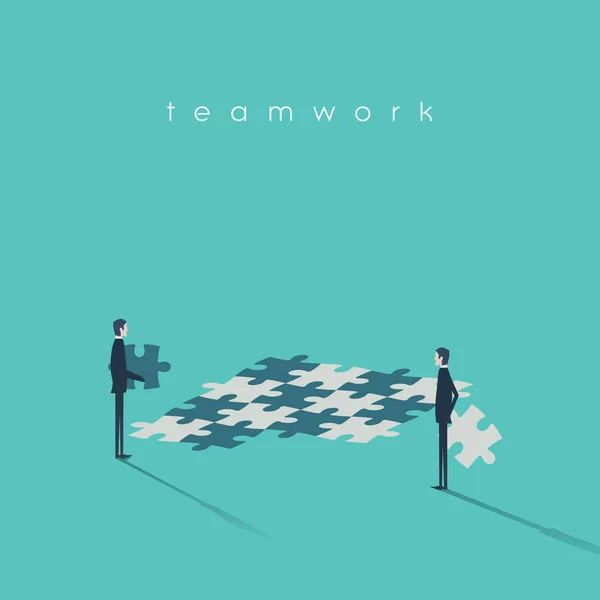 Business teamwork concept with businessmen and jigsaw puzzle as symbol of collaboration. — Stock Vector