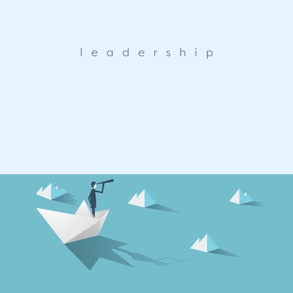 Empresario en barco de papel en el mar con icebergs. Símbolo de riesgo empresarial y liderazgo . — Archivo Imágenes Vectoriales