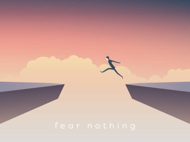 Uçurum vektör kavram üzerinde atlama iş adamı. İş başarısı, sorun, risk, cesaret sembolü.