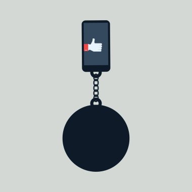 Smartphone ve teknoloji bağımlılığı vektör konseptinden ayrılın. Cep telefonu için zincirleme topu ile.